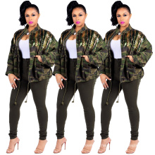 2020 Hot Sale camo denim jacket with sequins a versatile trench coats and jacket for women